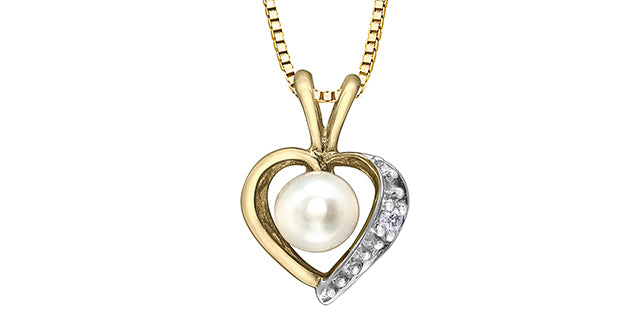 10K Yellow Gold Pearl and Diamond Heart Necklace