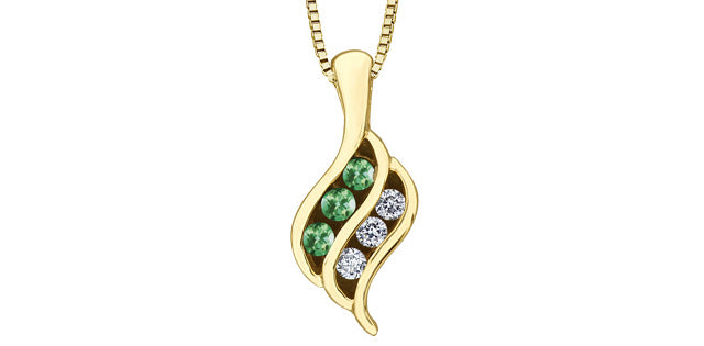 10K Yellow Gold 0.045 cttw Diamond and Emerald Pendant, 18&quot;