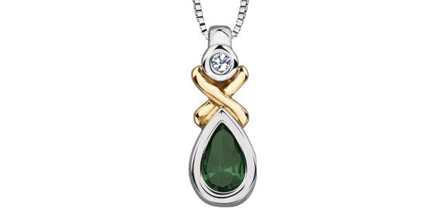 10K White and Yellow Gold 0.015 cttw Diamond and Emerald Pendant, 18&quot;