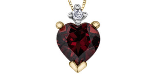Colgante de corazón de diamantes y granate en oro amarillo de 10 quilates, 18"