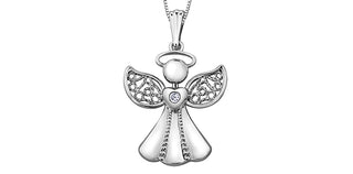 Colgante de ángel con diamantes de 0,015 quilates en oro blanco de 10 quilates, 18"