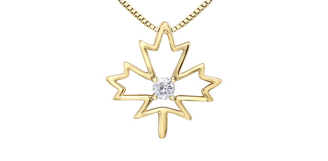 10K  Yellow Gold 0.08cttw Canadian Diamond Maple Leaf Necklace, 18&quot;