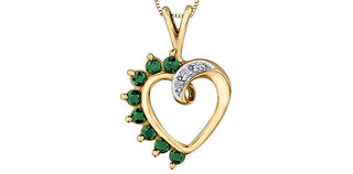 10K Yellow Gold 0.03 cttw Diamond and Emerald Heart Pendant, 18"