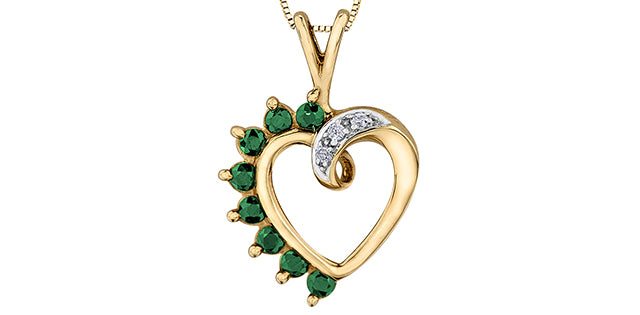 10K Yellow Gold 0.03 cttw Diamond and Emerald Heart Pendant, 18&quot;