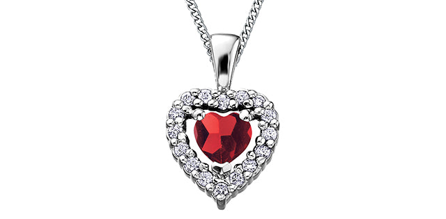 10K White Gold Garnet and Diamond Heart Necklace, 18&quot;