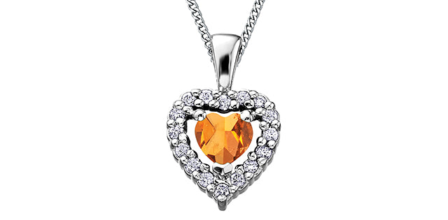 Collar con corazón de diamantes y citrinos en oro blanco de 10 quilates, 18&quot;