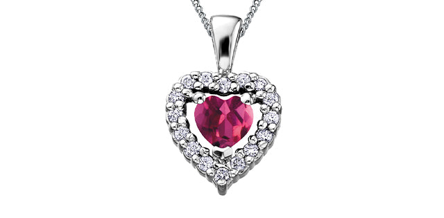 10K White Gold Pink Tourmaline and Diamond Heart Necklace, 18&quot;