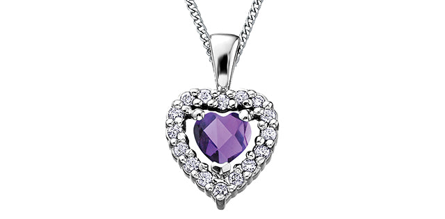10K White Gold Amethyst and Diamond Heart Necklace, 18&quot;
