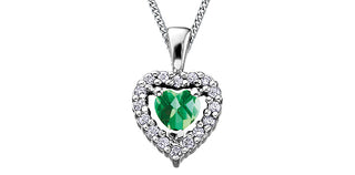 10K White Gold Emerald and Diamond Heart Necklace, 18"