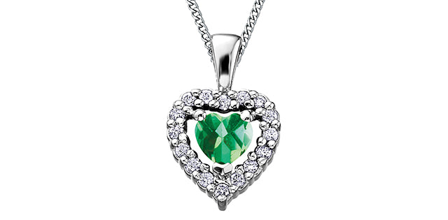 10K White Gold Emerald and Diamond Heart Necklace, 18&quot;