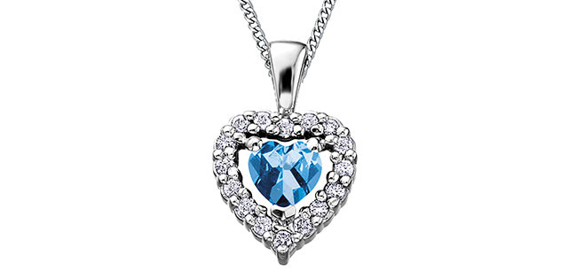 Collar de oro blanco de 10 quilates con topacio azul y corazón de diamantes, 18&quot;