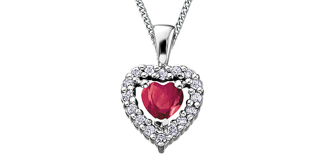 10K White Gold Ruby and Diamond Heart Necklace, 18&quot;