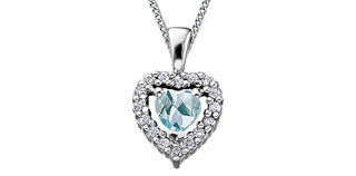 10K White Gold Aquamarine and Diamond Heart Necklace, 18"