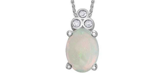 10K White Gold Opal and Diamond Pendant - 18&quot;