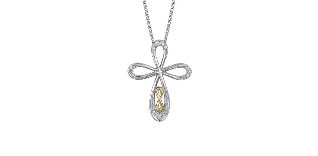 10K White and Yellow Gold Diamond Cross Necklace
