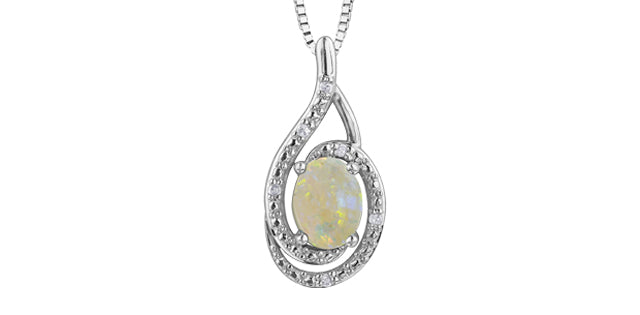 925 Sterling Silver 7x5mm Opal and 0.03cttw Diamond Necklace - 18&quot;