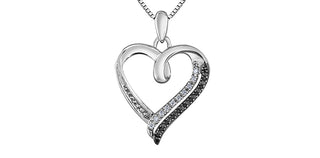 Sterling Silver Black & White Diamond Shadow Heart Necklace 18"