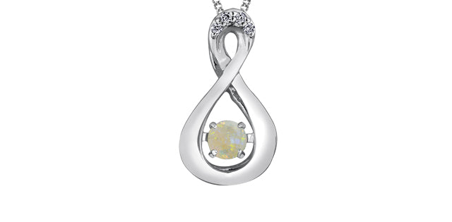 10K White Gold Round Cut Opal &amp; Diamond Pendant - 18 inches