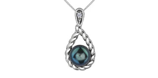 10K White Gold Black Pearl and Diamond Pendant