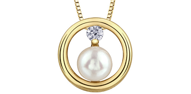 10K Yellow Gold 0.06cttw Canadian Diamond and Pearl Pendant, 18&quot;