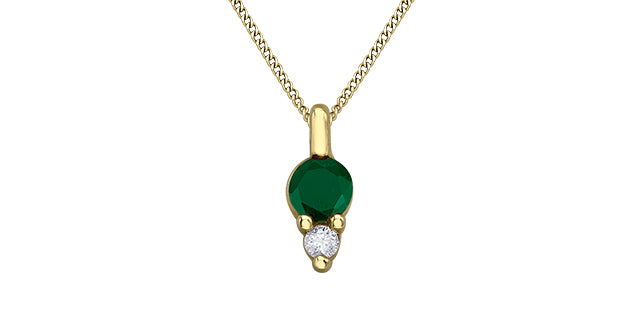 10K Yellow Gold Round Cut Emerald and Diamond Pendant, 18&quot;