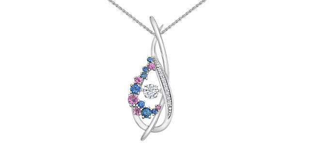 10K White Gold Round Cut Pink Sapphire, Ceylon Sapphire, and Canadian Diamond Pendant