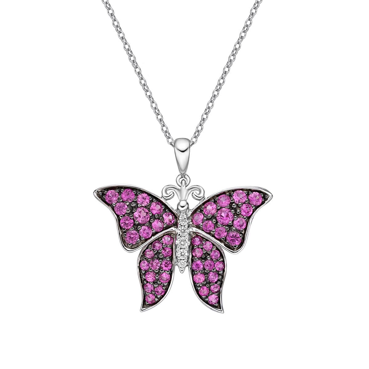 10K White Gold Pink Sapphire &amp; diamond butterfly pendant