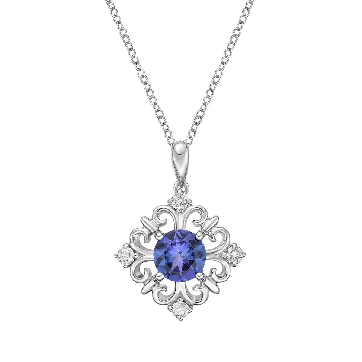 10K White Gold Prong-set Tanzanite pendant with diamonds