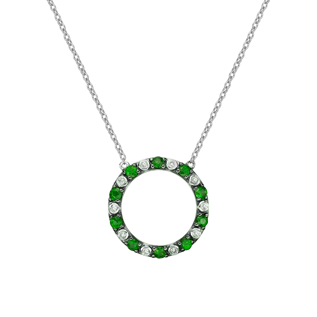 10K White Gold Emerald &amp; diamond circle of love necklace