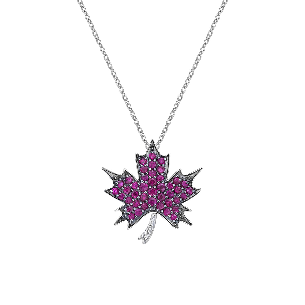 10K White Gold Ruby &amp; diamond maple leaf pendant