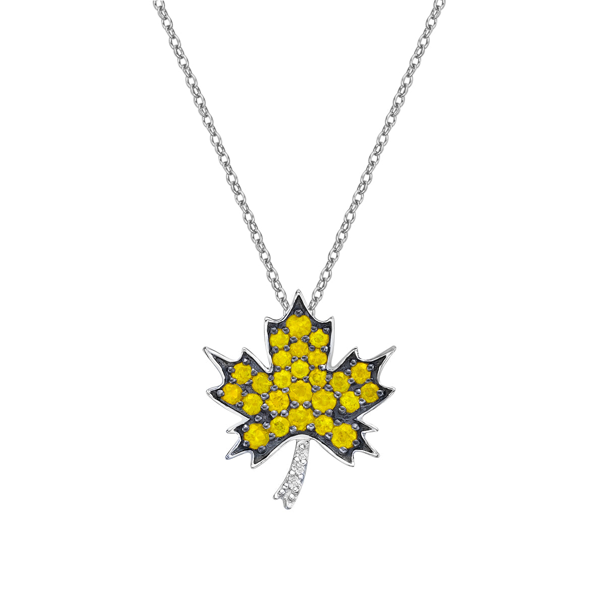 10K White Gold Yellow Sapphire &amp; diamond maple leaf pendant