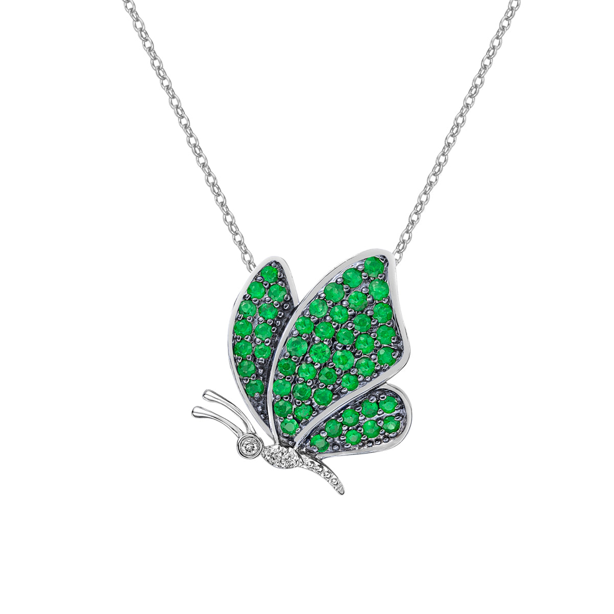 10K White Gold Emerald &amp; diamond butterfly pendant