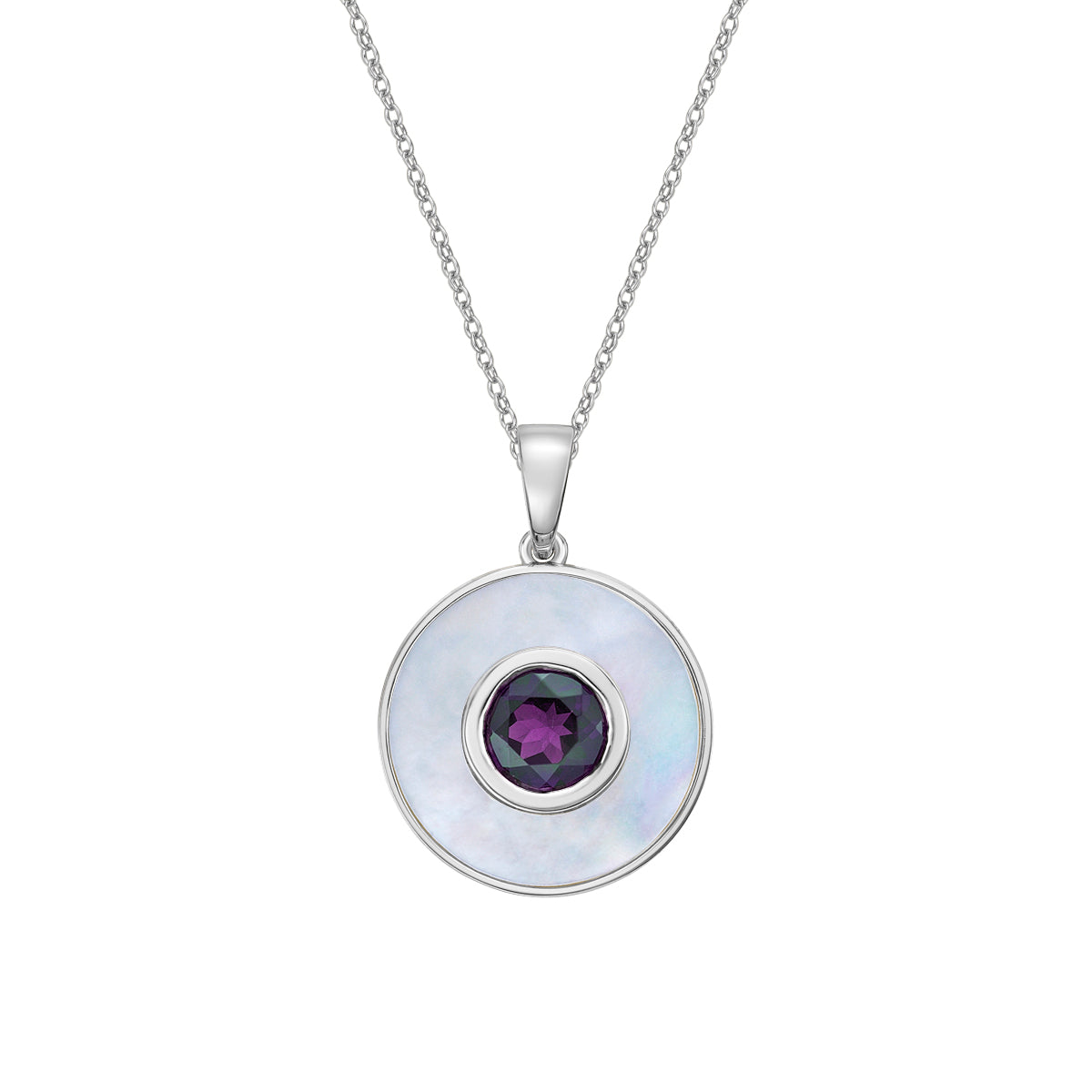 10K White Gold Created Alexandrite and Mother of Pearl pendant with chain