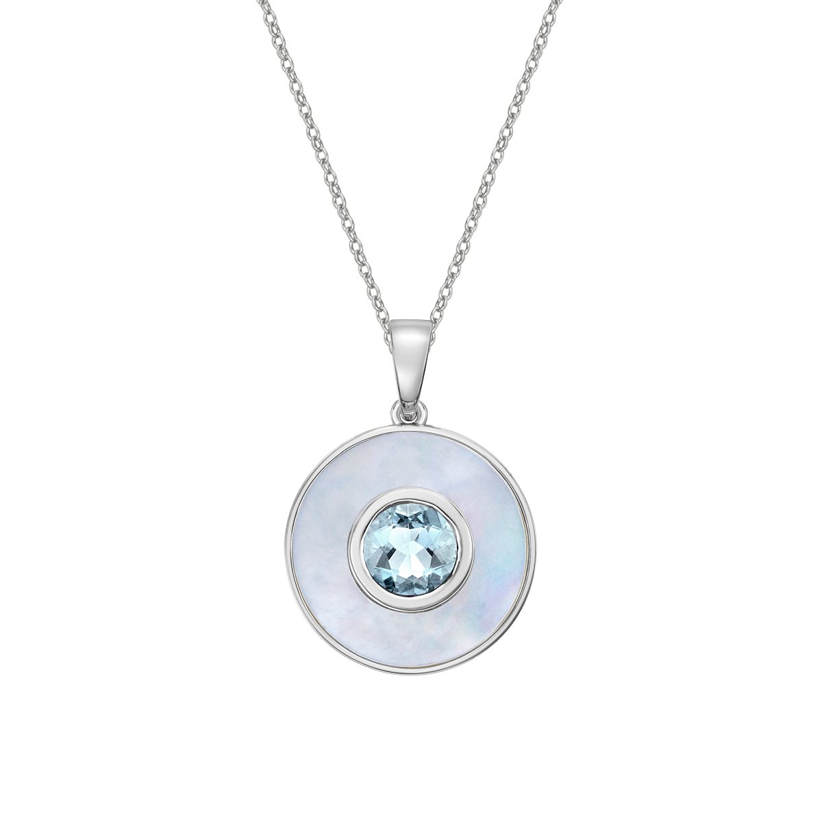 10K White Gold Round Aquamarine and Mother of Pearl Pendant with chain