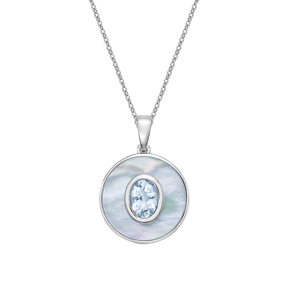 10K White Gold Oval Aquamarine and Mother of Pearl Pendant with chain