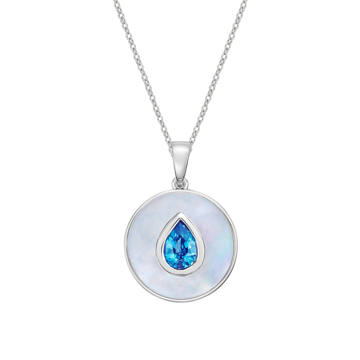 10K White Gold Swiss Blue Topaz and Mother of Pearl pendant with chain