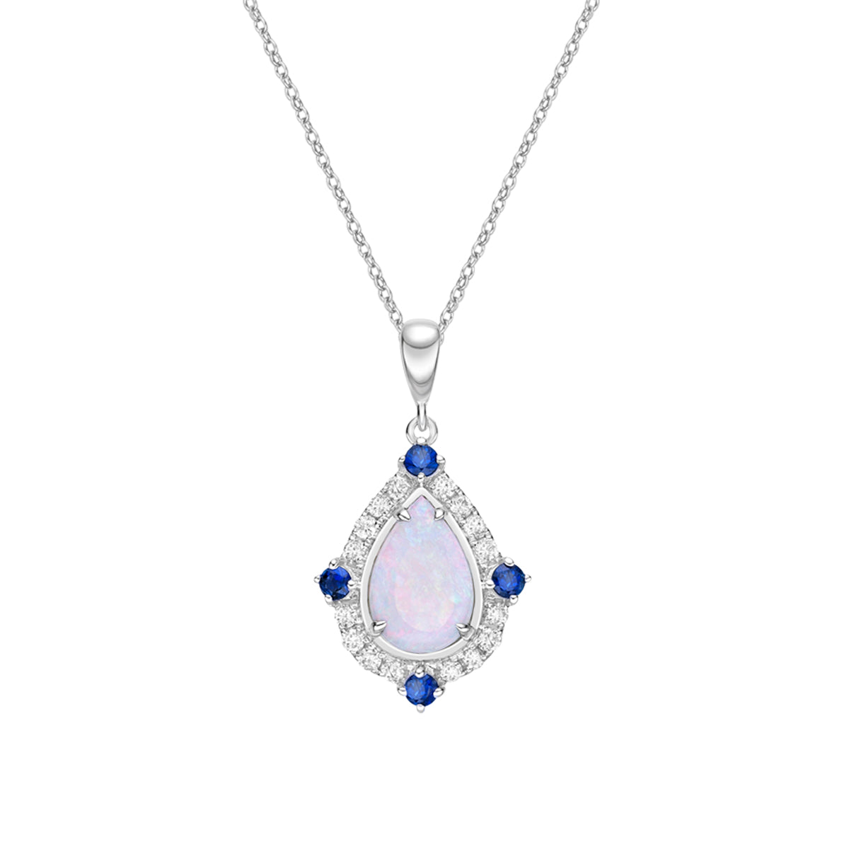 10K White Gold Prong-set White Opal Pendant with Sapphires &amp; Diamonds