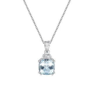 Colgante de oro blanco de 10 quilates con aguamarina de talla cojín de 6,0 mm y diamante de 0,01 quilates - 18"