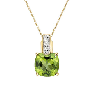 SEGUIMIENTO - Oro amarillo de 10 quilates, peridoto de talla cojín de 7 mm y colgante de diamante de 0,026 quilates - 18 pulgadas