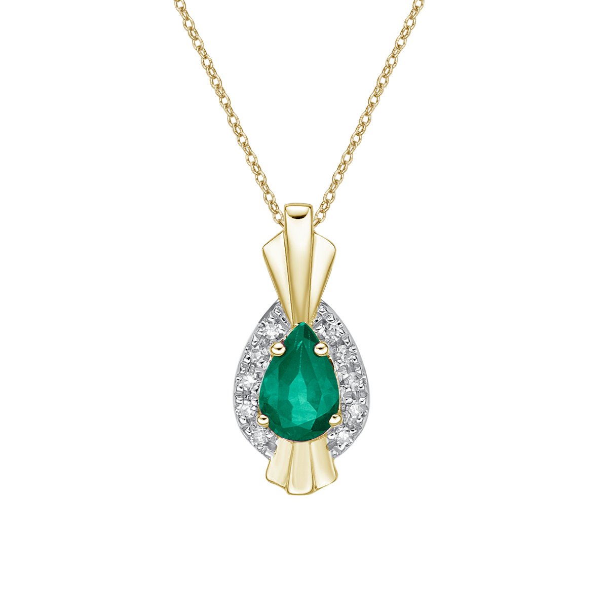 10K Yellow Gold Prong-set Emerald pendant with diamond halo