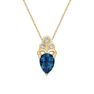 10K Yellow Gold 7x5mm Pear Cut Created Alexandrite and 0.018cttw Diamond Necklace - 18 Inches