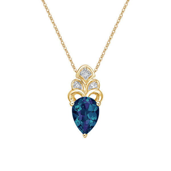 10K Yellow Gold 7x5mm Pear Cut Created Alexandrite and 0.018cttw Diamond Necklace - 18 Inches