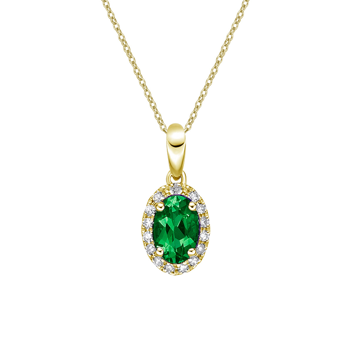 10K Yellow Gold Prong-set Emerald pendant with diamond halo