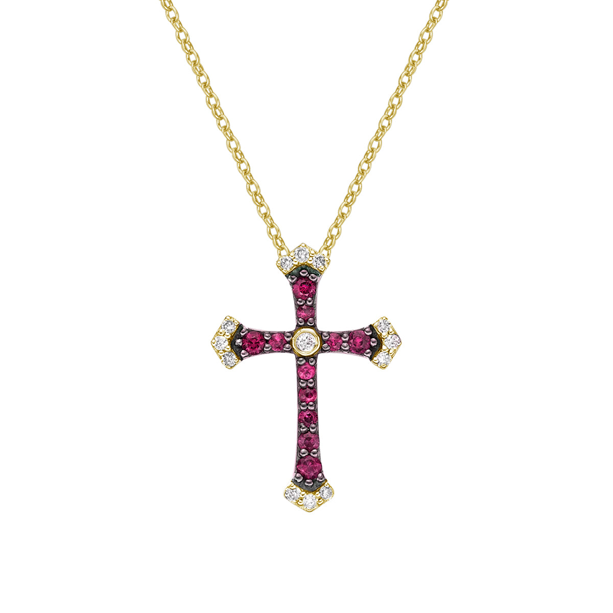 10K Yellow Gold Ruby cross pendant with diamonds