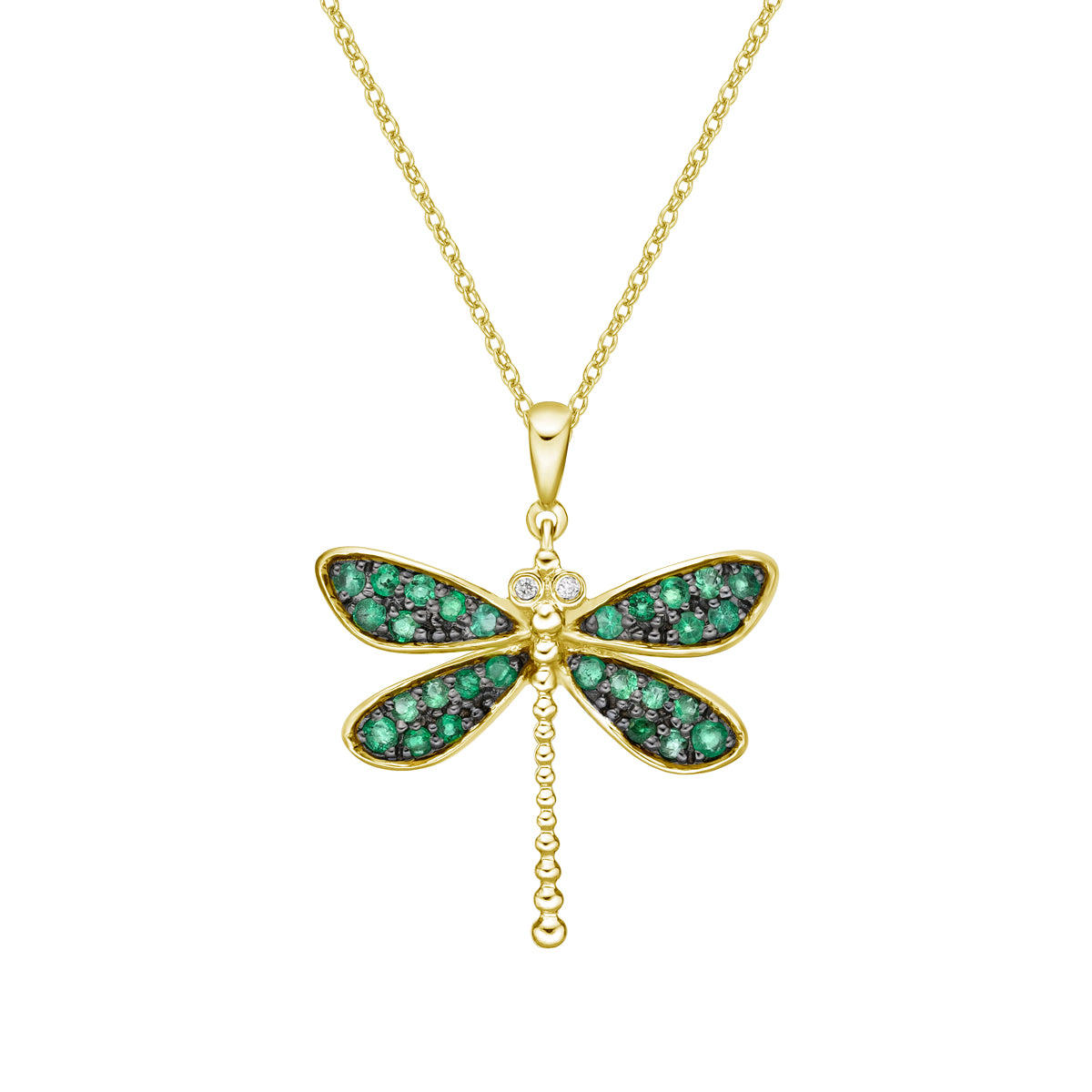 10K Yellow Gold Emerald &amp; diamond dragonfly pendant