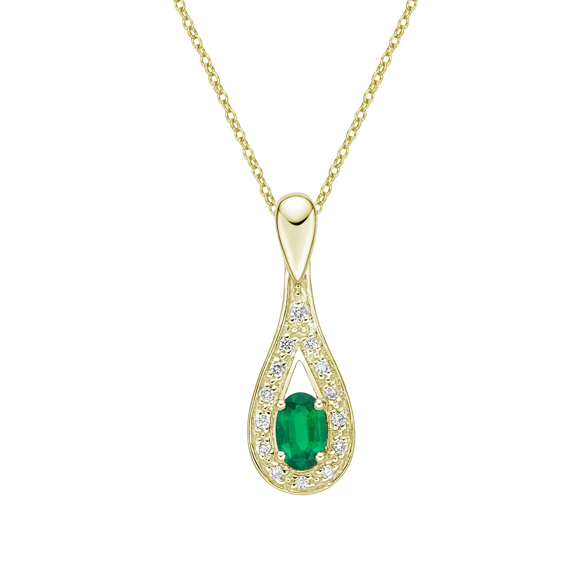 10K Yellow Gold Prong-set Emerald pendant with diamond halo