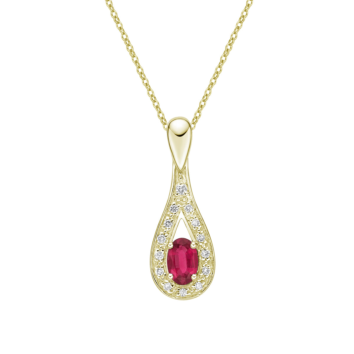 10K Yellow Gold Drop-shaped halo Ruby pendant with chain