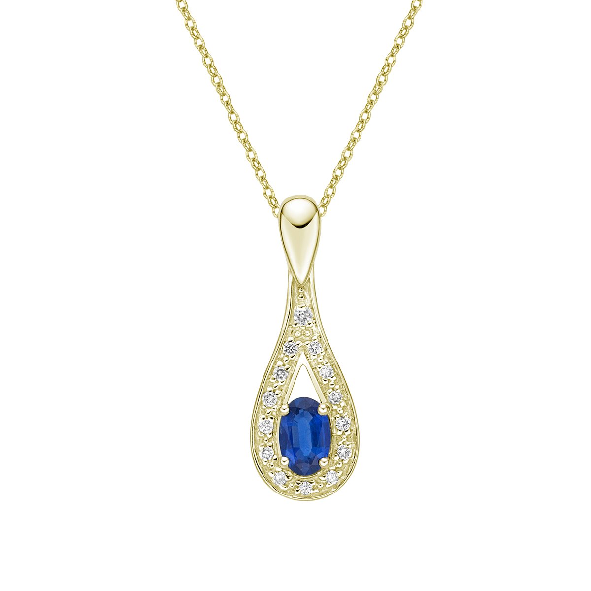 10K Yellow Gold Drop-shaped halo Blue Sapphire pendant with chain