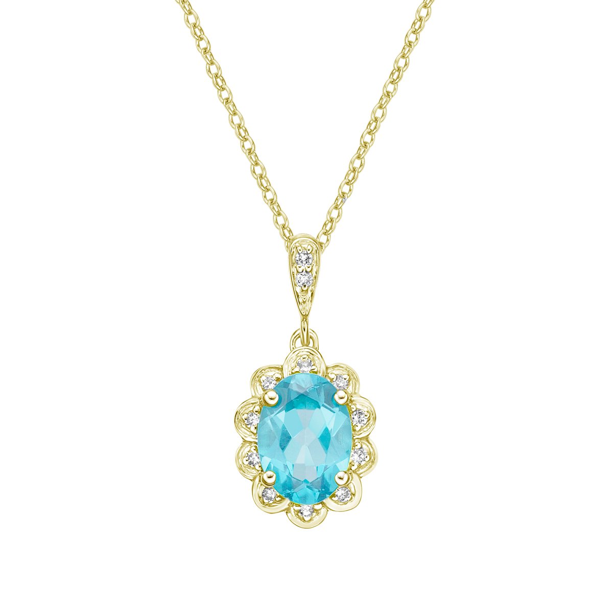 10K Yellow Gold Prong-set Blue Topaz pendant with diamond halo