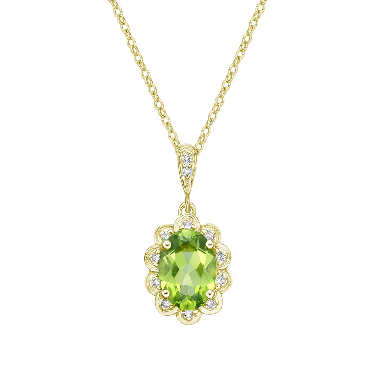 10K Yellow Gold Prong-set Peridot pendant with diamond halo